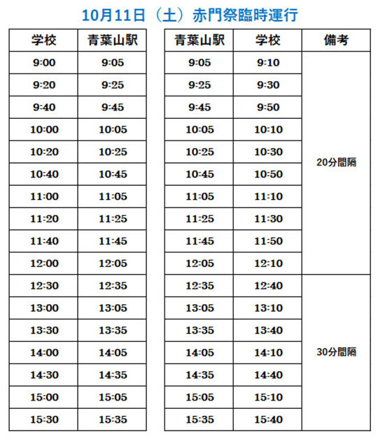 赤門祭の無料送迎バス運行時刻